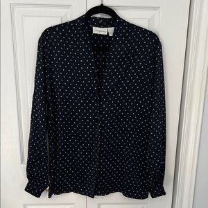 Navy Silk Blouse with Gold Polka Dots